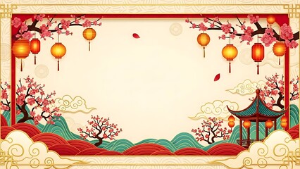 Traditional oriental illustration with lanterns and cherry blossoms in celebration