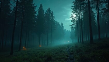 Dark forest path at night with moonlit sky and glowing lanterns on misty ground. Tall pine trees create deep shadows, inviting mysterious exploration into nature quiet depths.