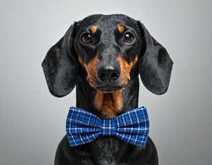 Formal portrait of a Dachshund wearing a blue plaid bow tie