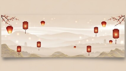 Lanterns floating over mountains in traditional oriental art style