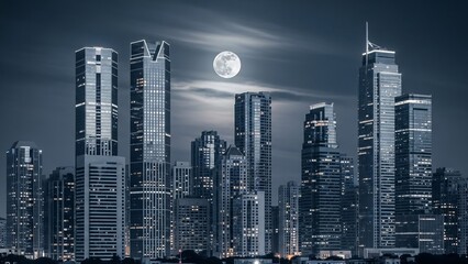 A majestic full moon illuminates a modern cityscape at night, showcasing towering skyscrapers under a dark sky
