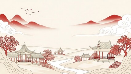Traditional oriental landscape with mountains buildings and trees illustration