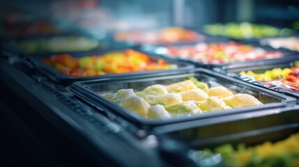 Medium shot highlighting a multitemperature refrigerated container with distinct sections sharply focused chilled and frozen goods contrasted by a blurred compartment divider.