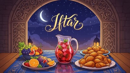 Ramadan iftar celebration with traditional food crescent moon and ornate window