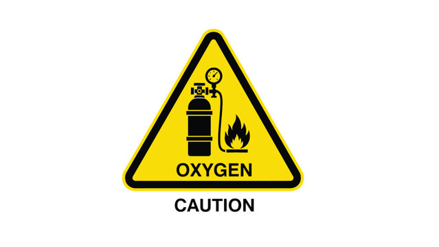 Yellow caution warning sign graphic illustrating compressed oxygen gas cylinder connected to a flame, indicating potential flammability hazard in industrial settings.