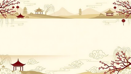 Oriental landscape illustration with pagodas and blossom branches