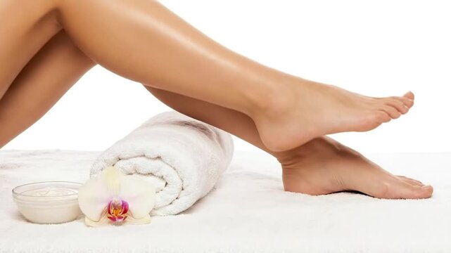 A serene close-up shot showcasing a person's smooth, moisturized legs resting elegantly on a soft white towel, accompanied by a delicate orchid flower and a bowl of rich body cream. This visually appe