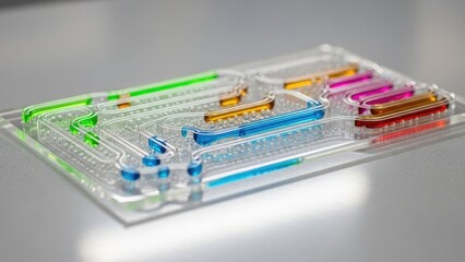 Intricate microfluidic chip showcasing precise liquid manipulation with multi-colored chemical reagents for advanced scientific research and laboratory applications