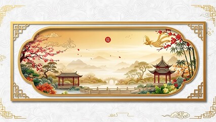 Oriental landscape painting with pagodas trees mountains and water view