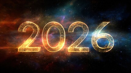 Futuristic Golden 2026 Text Against Colorful Cosmic Background