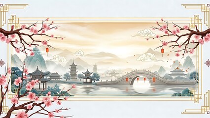 Oriental landscape painting with blossoming trees and ancient structures