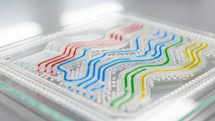 Vibrant colored liquids flowing through intricate microfluidic channels within a transparent lab-on-a-chip device, showcasing advanced scientific research and precision technology