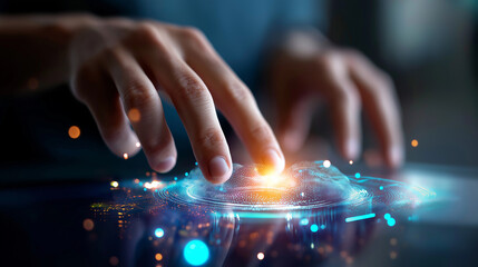 Defocused hands touching holographic interface, digital transformation for next generation, technology era concept, virtual interaction, futuristic user experience, innovative digi