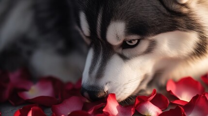 Husky dog resting on rose petals in soft light
