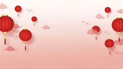 Red lanterns and clouds on pink background festive decoration vector