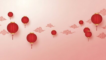 Red lanterns and cloud decorations on pink background festive design