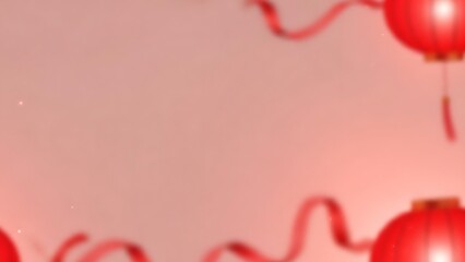 Red lanterns and ribbons on pink background with copy space decoration