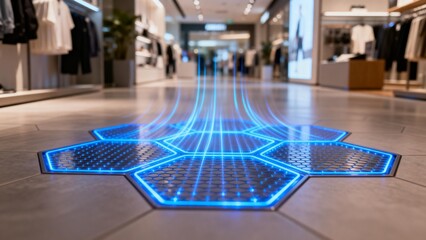 Futuristic glowing floor design in shopping mall