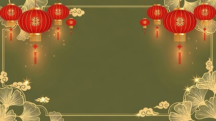 Red lanterns and gold floral elements on green background for celebrations