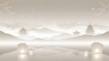 Serene landscape with lanterns and pagodas in a peaceful environment