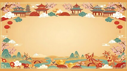 Traditional asian landscape illustration with temples clouds and ornamental details