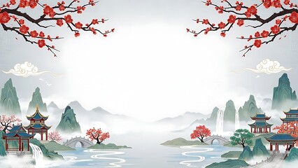 Traditional chinese landscape painting with pagodas trees and mountains