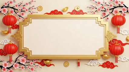 Traditional holiday frame with lanterns and cherry blossoms for festive design