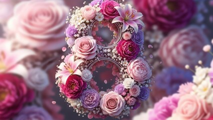 Number 8 made of pink and purple flowers for International Women's Day. Floral composition with roses and lilies for the March 8 holiday celebration. Greeting card background