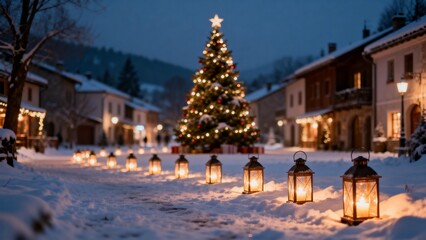 Snowy Christmas tree with lanterns