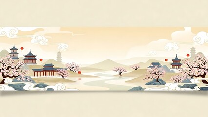 Traditional oriental landscape art with temples and flowering trees