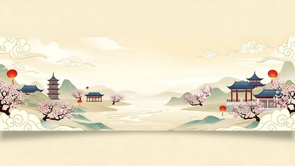 Traditional oriental landscape illustration with buildings and nature elements
