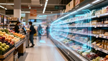 Supermarket aisle with digital overlay