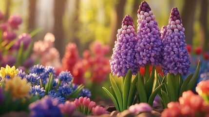 Vibrant hyacinths bloom in a sunlit forest clearing