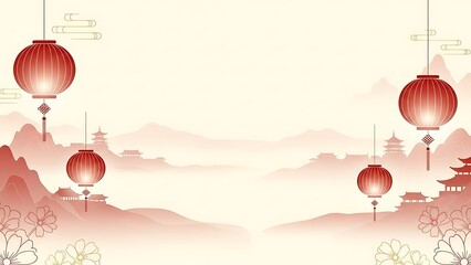 Traditional red lanterns and mountainous landscape illustration background