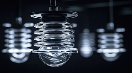 Modern pendant lights in a dark room, focused on a close-up view, with blurred lights in the background. Possible use for interior design