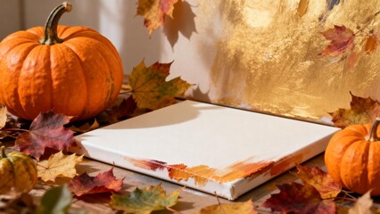 Pumpkins and leaves on canvas