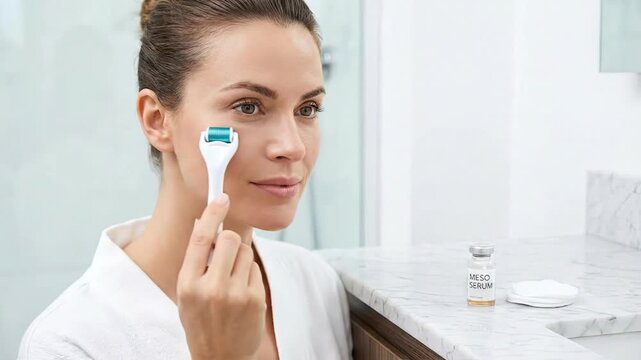 A serene woman in a clean white bathrobe is meticulously using a modern facial tool, often referred to as a derma roller or microneedling device, on her cheek in a brightly lit bathroom setting. Her f