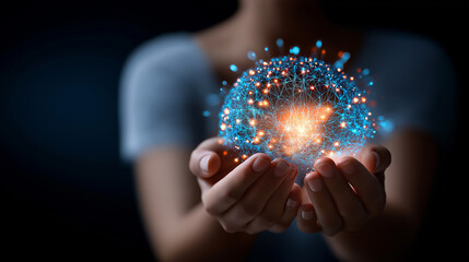 Hands cradling luminous AI sphere symbolizing artificial intelligence potential, glowing technology orb, machine learning power, digital innovation representation, future tech capa