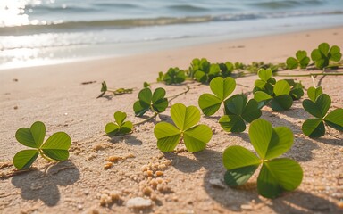 Lucky four leaf clover on st patrick's day beach scene with ocean waves