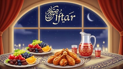 Ramadan iftar feast displayed through a window with traditional decorations