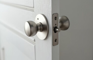 Close view of brushed nickel doorknob on white wooden door. Interior door hardware visible, including latch mechanism. Modern home access element.
