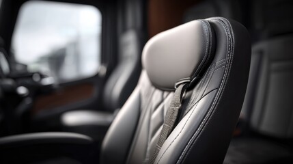 Close medium shot of ergonomic lumbar support adjustment on a sleeper cab seat highlighted against a blurred cabin interior conveying comfort and thoughtful design.