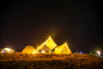 Night camping in mountain Tents, Travel and Relaxation