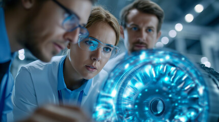 Aeronautics team working with augmented reality jet engine hologram, diverse engineers collaboration, Industry 4.0 research facility, advanced aviation development, innovative manu