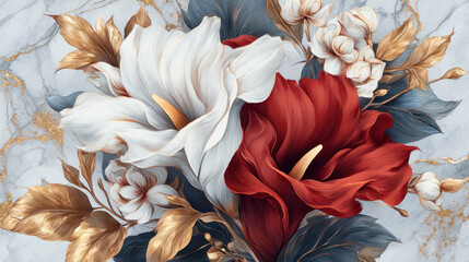 Elegant decorative burgundy and white flower with gold accents and blue leaves on background in 3D oil painting style for modern wall art and interior design	