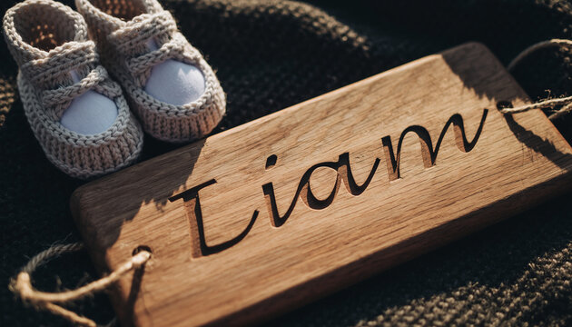Baby name Liam engraved on a wooden plaque with knitted baby shoes. Image for baby name reveal