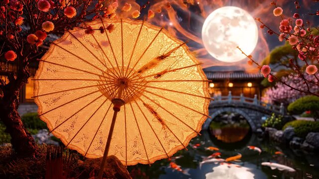 Full Moon Magic Secret Japanese Garden Under An Orange Parasol