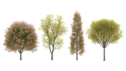 Set of Four Realistic Trees Isolated on White Background, Botanical Elements