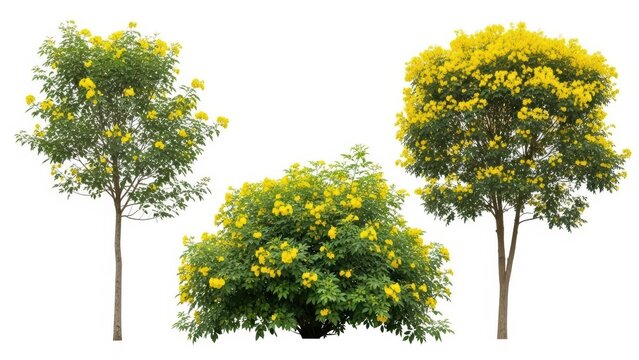 Yellow Trumpet Trees on White Background, Isolated, Tecoma Stans