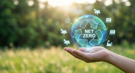 Net zero carbon emissions globe, Sustainable green energy icons, Global climate change solutions, Carbon neutral future concept